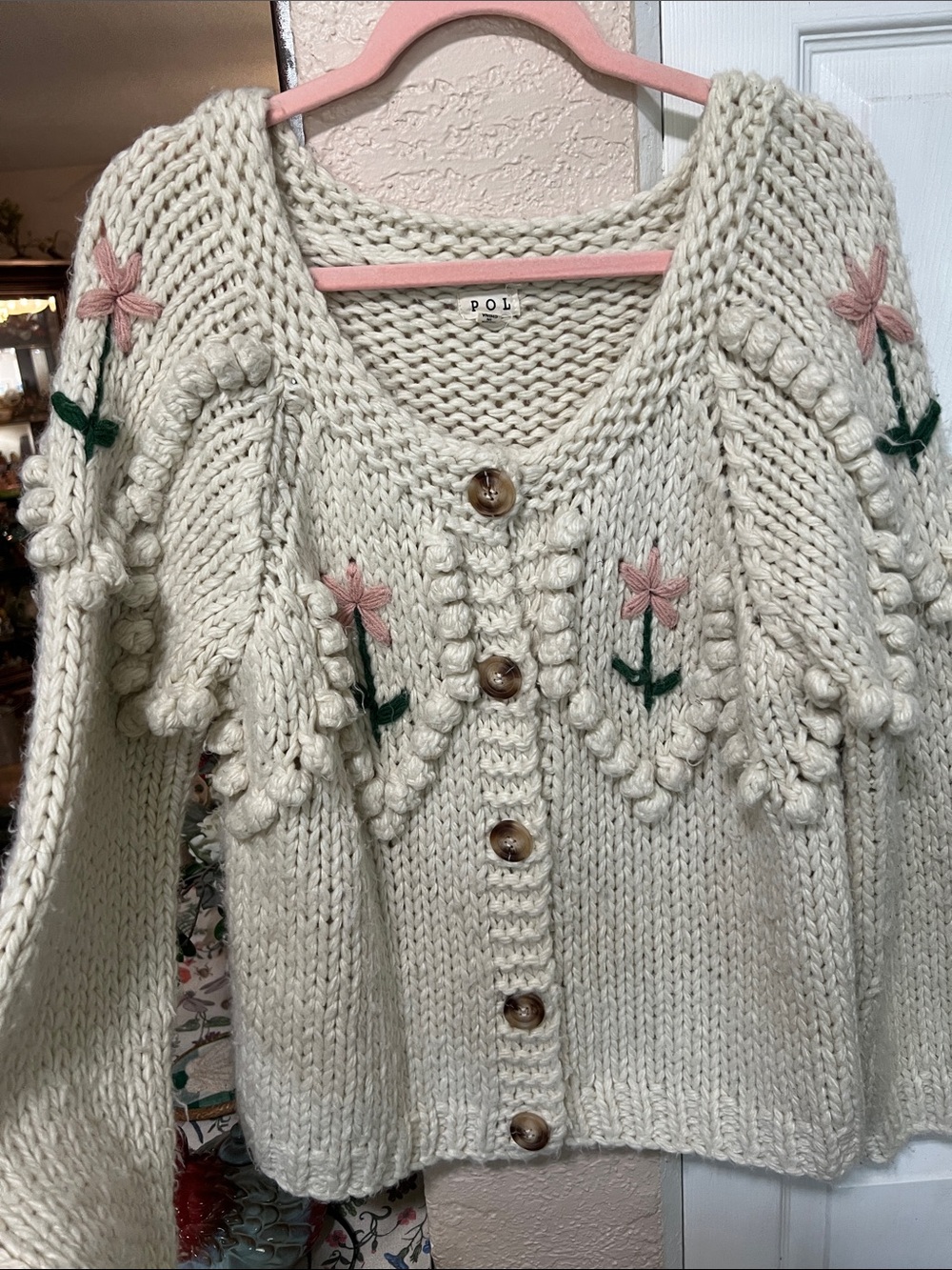 POL Cream Chunky Knit Cardigan with Pink Floral Embroidery M